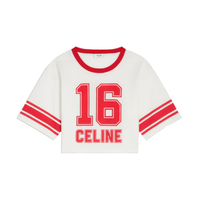 (Women) CELINE FW22 Contrast Logo Print Cropped Short Sleeve Top Women White. 2X09D671Q-01IZ
