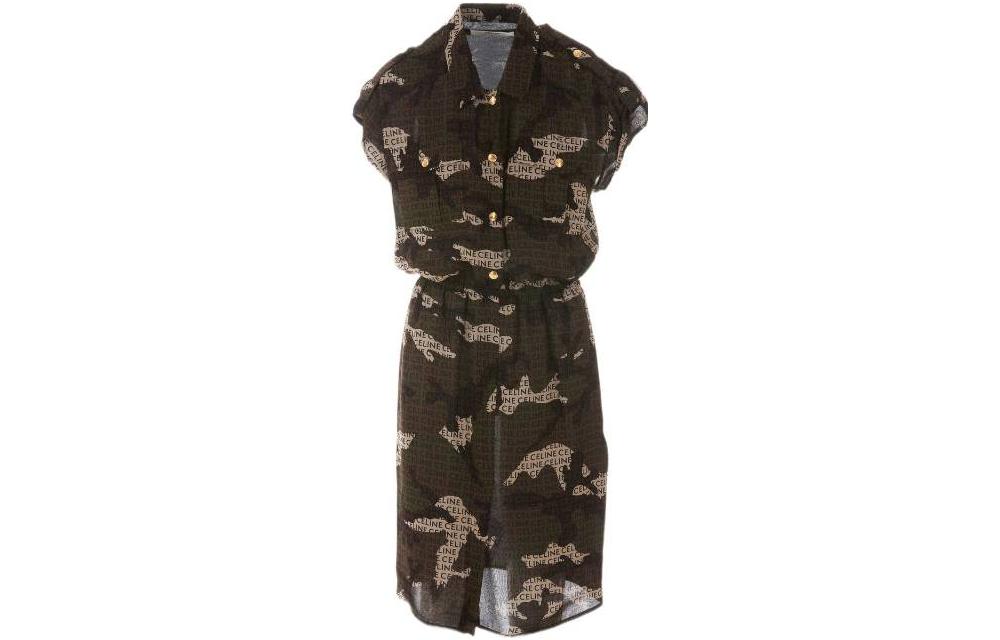 (Women) CELINE FW22 Monogram Button-Up Short Sleeve Shirt Dress Green (). 2R88E361R-38CF