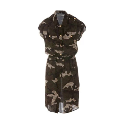 (Women) CELINE FW22 Monogram Button-Up Short Sleeve Shirt Dress Green (). 2R88E361R-38CF