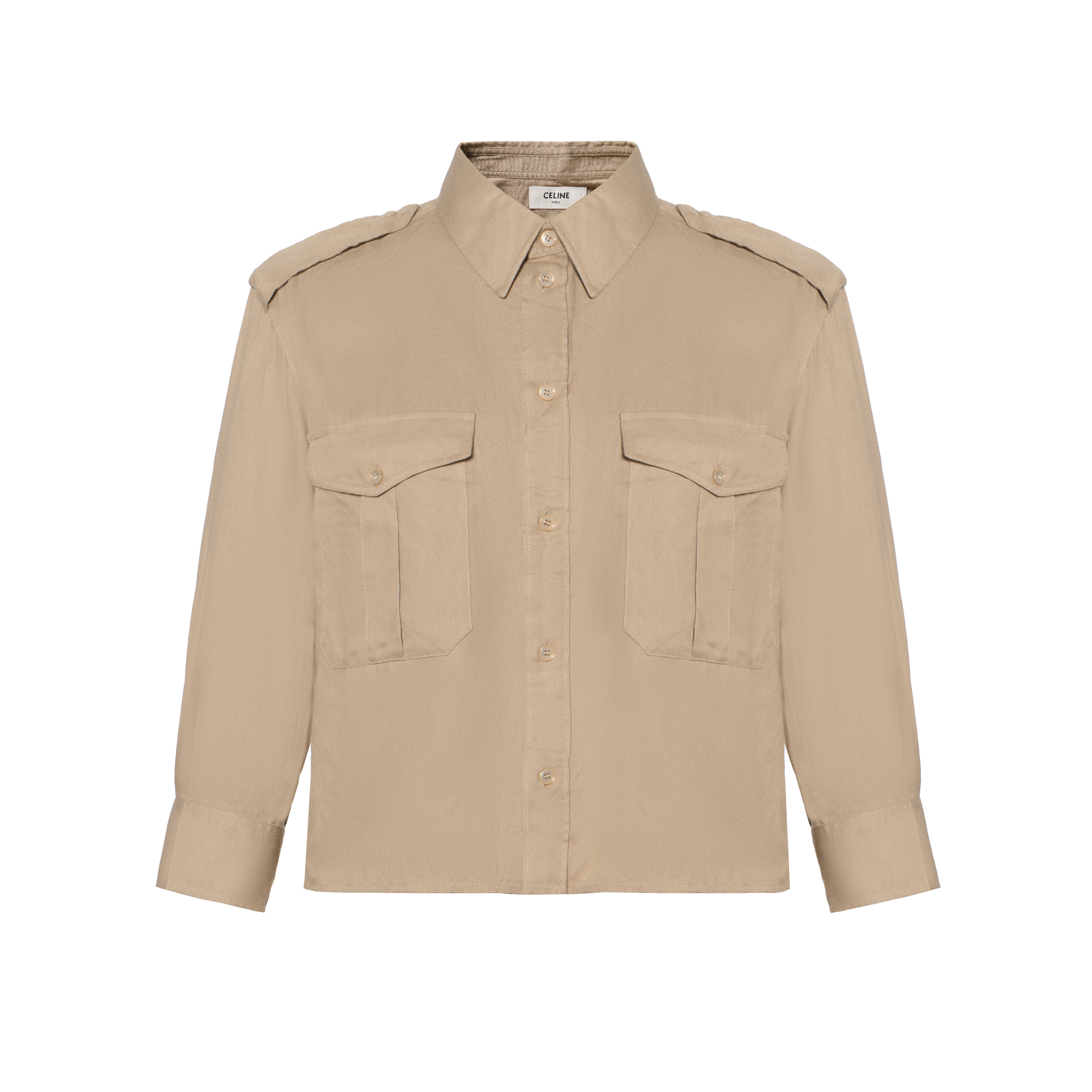 (Women) CELINE FW22 Solid Brown Collared Button-Up Long Sleeve Shirt Women. 2C859933K-02BG