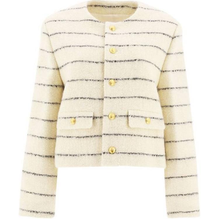 (Women) CELINE FW22 Striped Button-Up Crewneck Long Sleeve Jacket Beige - . 2V40J376R-01KC