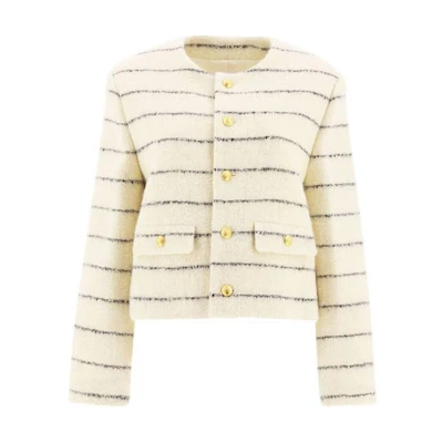 (Women) CELINE FW22 Striped Button-Up Crewneck Long Sleeve Jacket Beige - . 2V40J376R-01KC