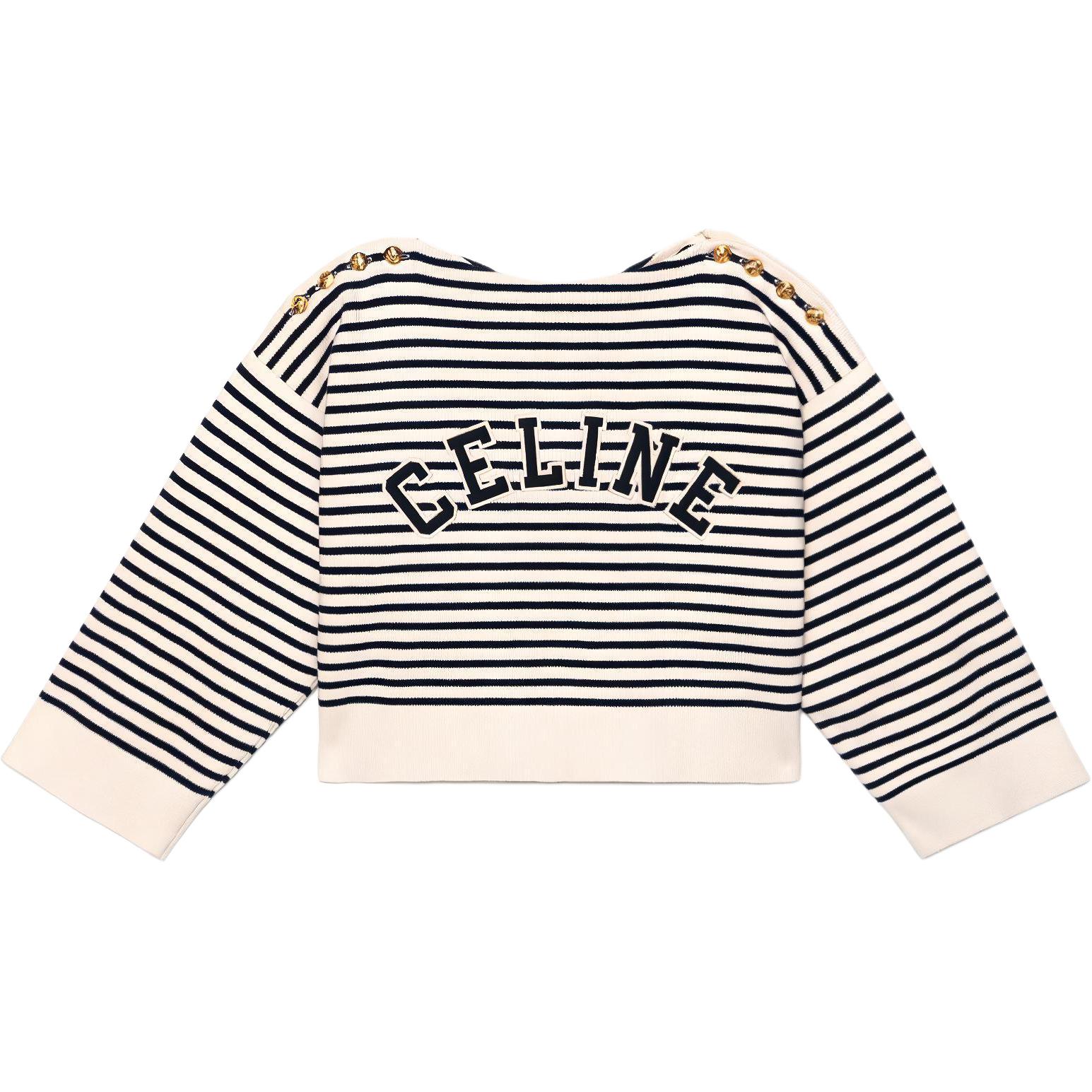 (Women) CELINE FW22 Striped Crewneck Cropped Knit Sweater Navy Blue (). 2A95Z384N-01CN