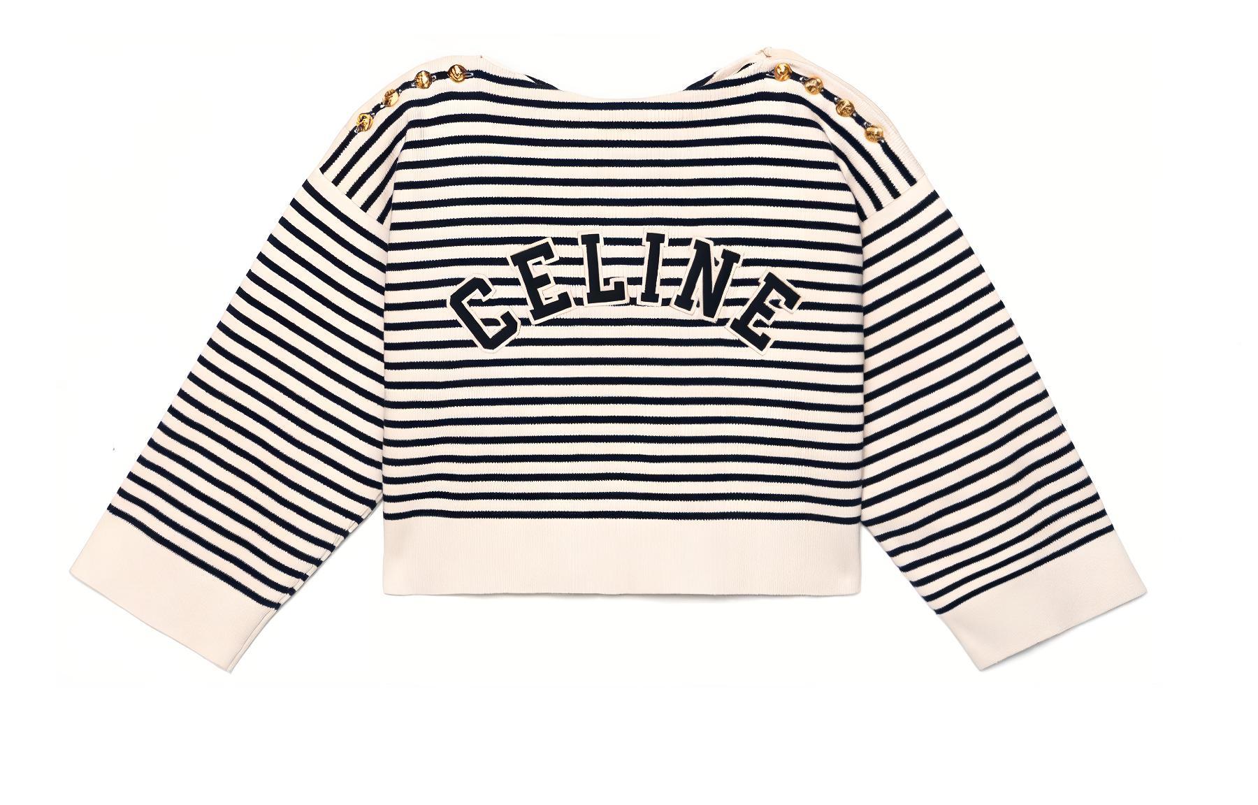 Order (W) CELINE FW22 Suéter Tejido A Rayas Cuello Redondo Corto Azul Marino. 2A95Z384N-01CN