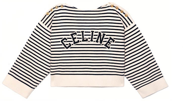 (W) CELINE FW22 Suéter Tejido A Rayas Cuello Redondo Corto Azul Marino. 2A95Z384N-01CN Order (W) CELINE FW22 Suéter Tejido A Rayas Cuello Redondo Corto Azul Marino. 2A95Z384N-01CN