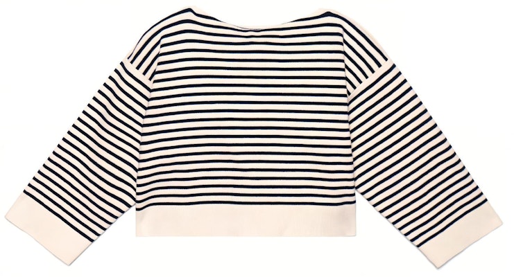 (W) CELINE FW22 Suéter Tejido A Rayas Cuello Redondo Corto Azul Marino. 2A95Z384N-01CN Lookbook (W) CELINE FW22 Suéter Tejido A Rayas Cuello Redondo Corto Azul Marino. 2A95Z384N-01CN