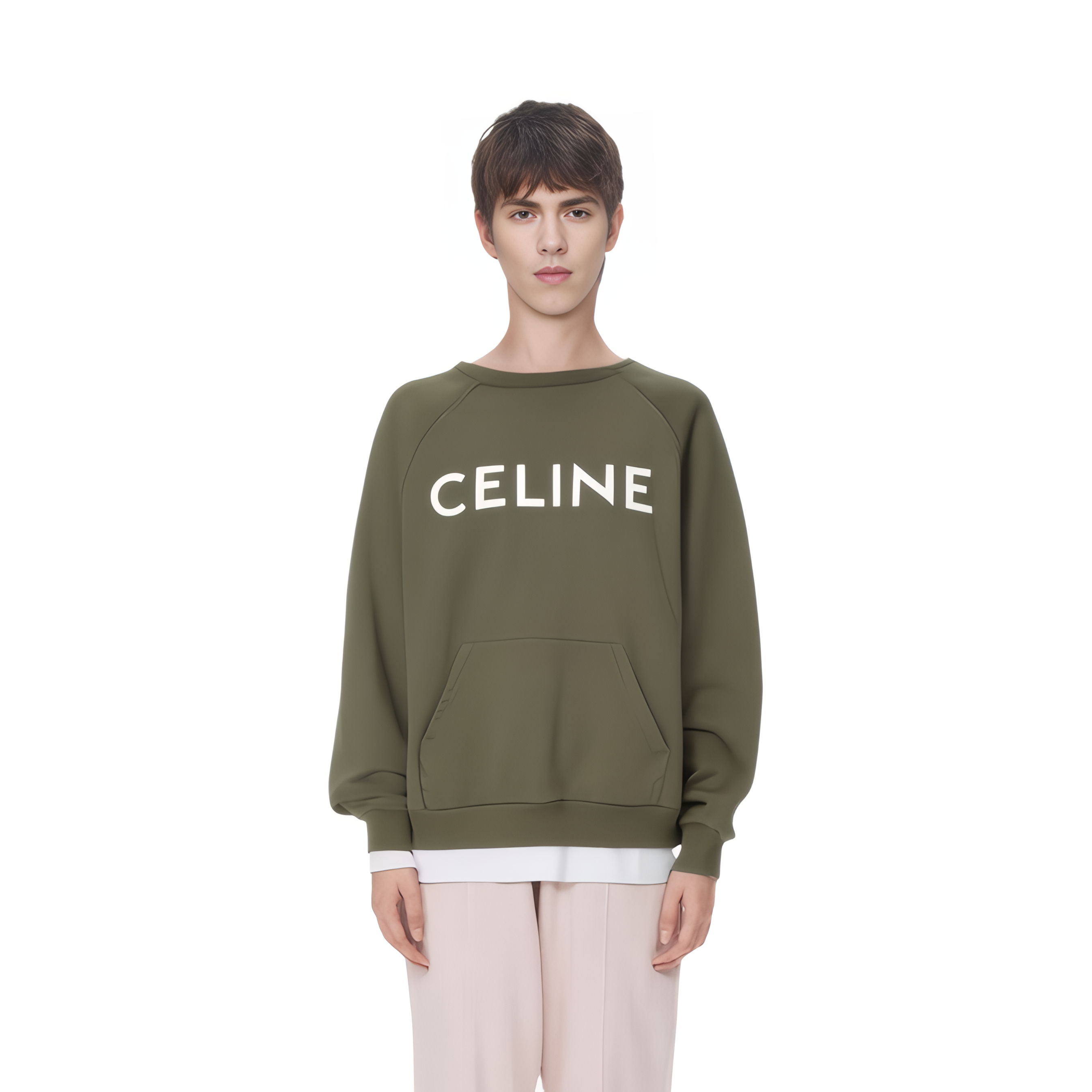 Shop (W) 셀린 FW22 여성 로고 프린트 크루넥 스웨트셔츠 딥 카키. 2Y423670Q-02DO