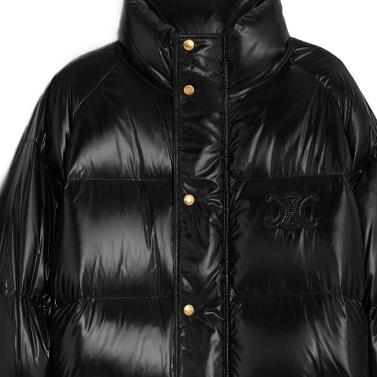 Sizing (W) CELINE FW23 Jaket Puffer Logo Ritsleting Leher Tinggi Hitam. 2W660595K-38NO