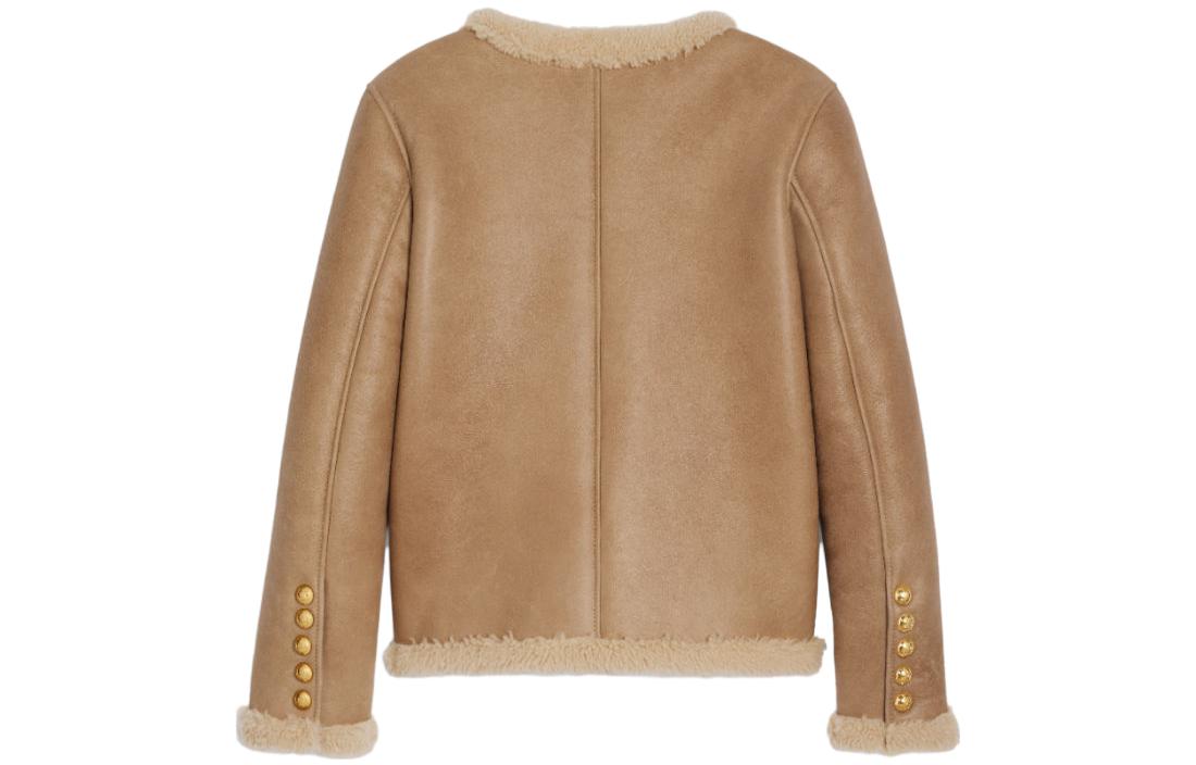 Lookbook (Women) CELINE FW23  Brown Leather Jacket with Round Neck and Single Button Closure 2F457274T-18EM