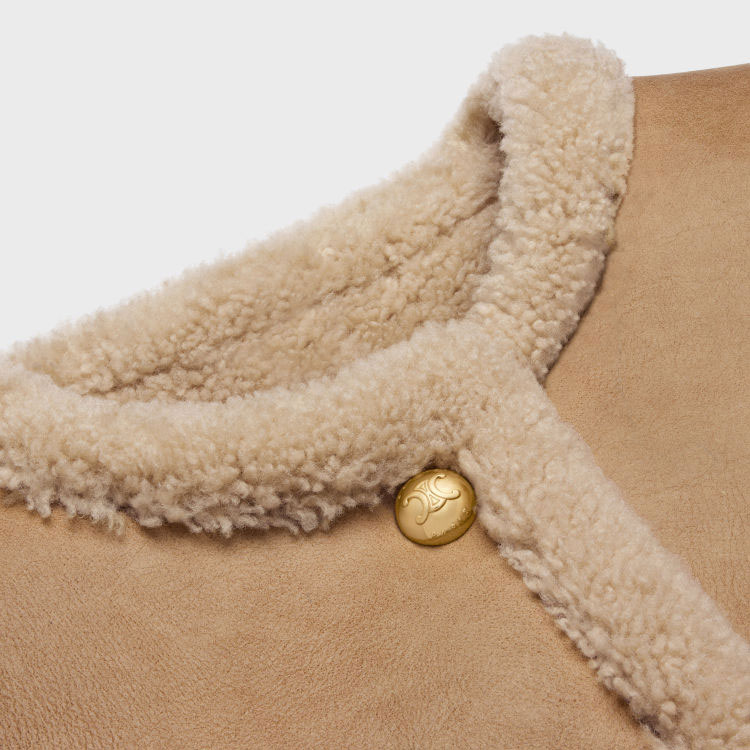 Shop (Women) CELINE FW23  Brown Leather Jacket with Round Neck and Single Button Closure 2F457274T-18EM