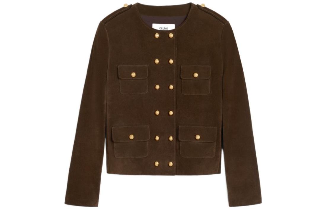 (Women) CELINE FW23  Brown Round-Neck Double-Breasted Leather Jacket. 2F413712K-19ES