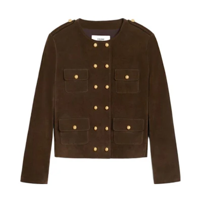 (Women) CELINE FW23 Brown Round-Neck Double-Breasted Leather Jacket. 2F413712K-19ES