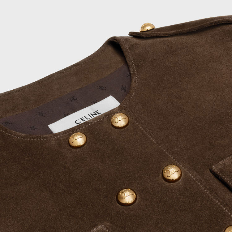 Shop (Women) CELINE FW23  Brown Round-Neck Double-Breasted Leather Jacket. 2F413712K-19ES