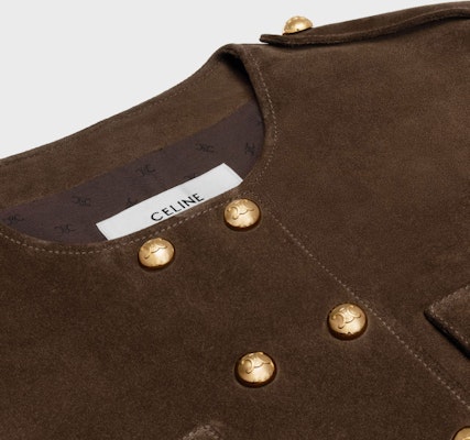 (Women) CELINE FW23 Brown Round-Neck Double-Breasted Leather Jacket. 2F413712K-19ES Shop (Women) CELINE FW23 Brown Round-Neck Double-Breasted Leather Jacket. 2F413712K-19ES