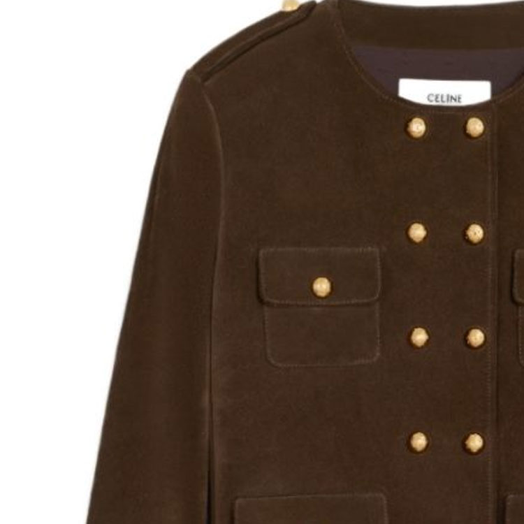 Purchase (Women) CELINE FW23  Brown Round-Neck Double-Breasted Leather Jacket. 2F413712K-19ES