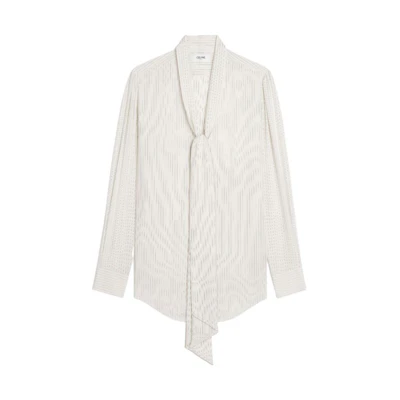 (Women) CELINE FW23 Colorblock Striped Button-Up Long Sleeve Shirt White 2C988479V-98CG