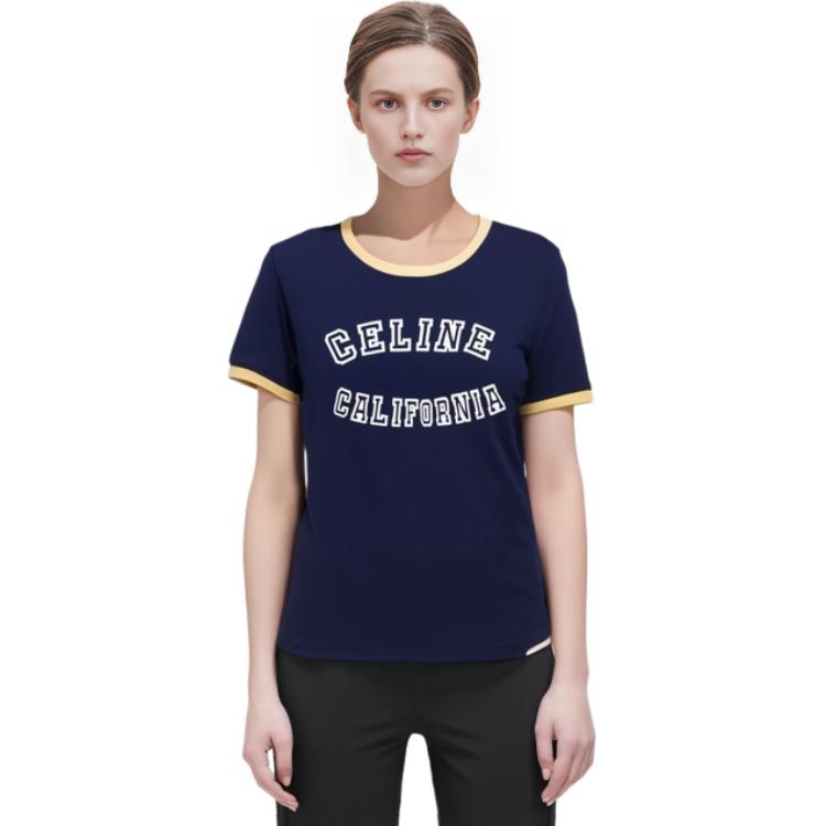 Purchase (W) Celine FW23 Camiseta Navy Color-Block con Logo Estampado de Manga Corta. 2X17H671Q-07FJ