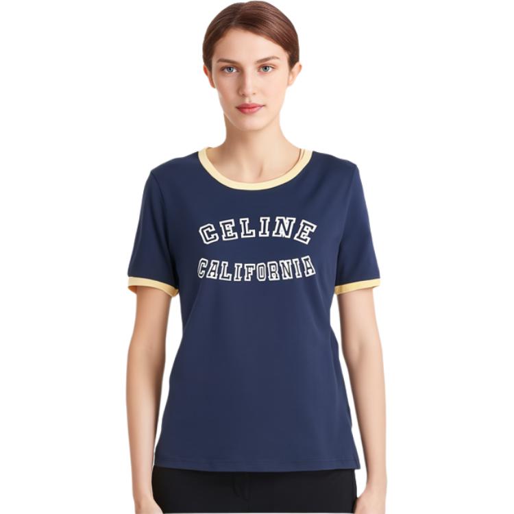 Details for (W) Celine FW23 Camiseta Navy Color-Block con Logo Estampado de Manga Corta. 2X17H671Q-07FJ