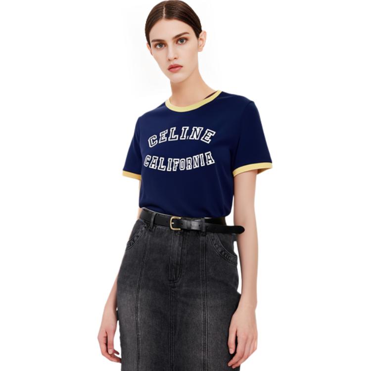 Sizing (W) Celine FW23 Camiseta Navy Color-Block con Logo Estampado de Manga Corta. 2X17H671Q-07FJ
