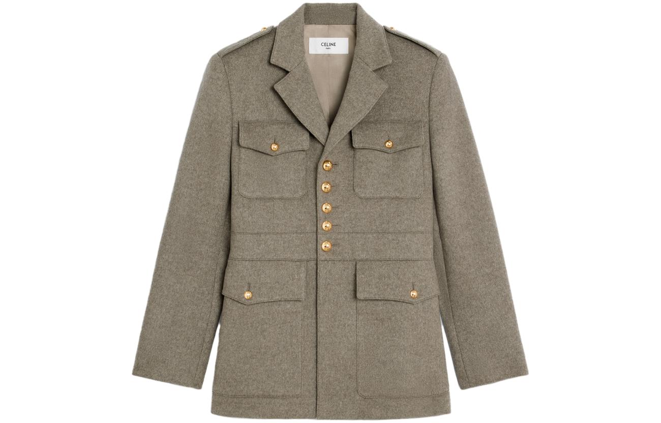 (Women) CELINE FW23  Single-Breasted Jacket Gray Beige Long-Sleeve Coat. 2V92P427T-02GI