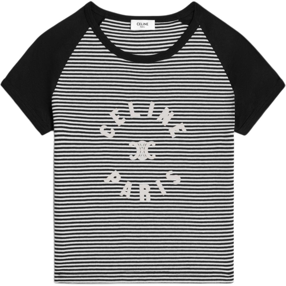 (Women) CELINE FW24  Black Striped Logo Fitted Short Sleeve T-Shirt. 2X48N615Z-38BY