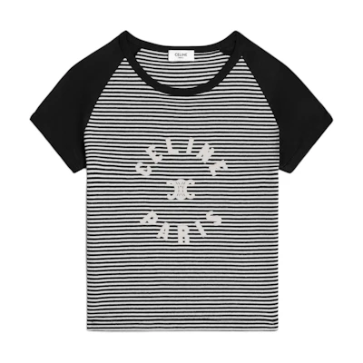 (Women) CELINE FW24 Black Striped Logo Fitted Short Sleeve T-Shirt. 2X48N615Z-38BY