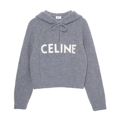 (Women) CELINE Grey Short Wool Hoodie with Logo Print. 2A36T423P-09GM