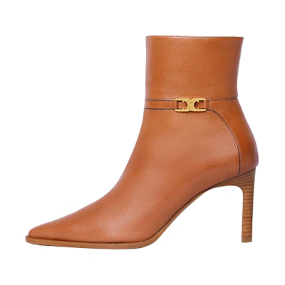 (W) CELINE Leather Logo Ankle Boot 'Brown Kitten Heel'