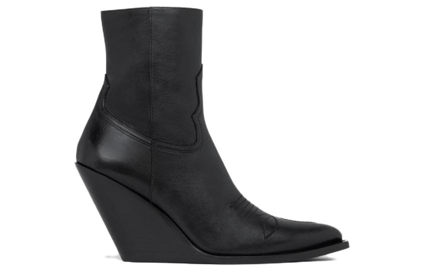 Shop CELINE賽琳 皮革 拉鍊坡跟 短靴 女款 黑色