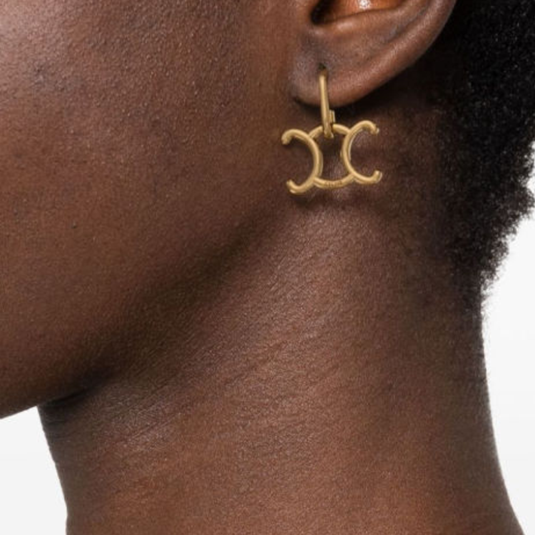 Shop (Women) CELINE Letter Engraved Metallic Gold Earrings for Women. 460XI6BRA