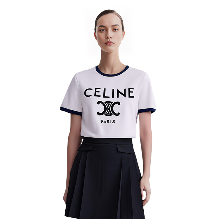 Sizing (W) CELINE 标志印花白色短袖圆领休闲T恤。 2X872501F-01NB