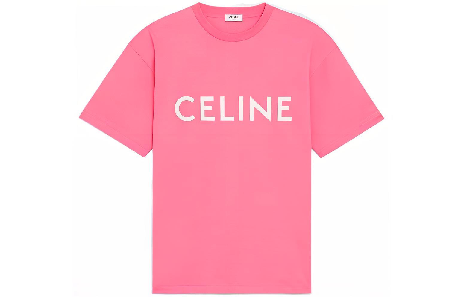 (Women) CELINE Logo Print Relaxed Fit Pink Short Sleeve T-Shirt for Women SS22. 2X681671Q-25FE
