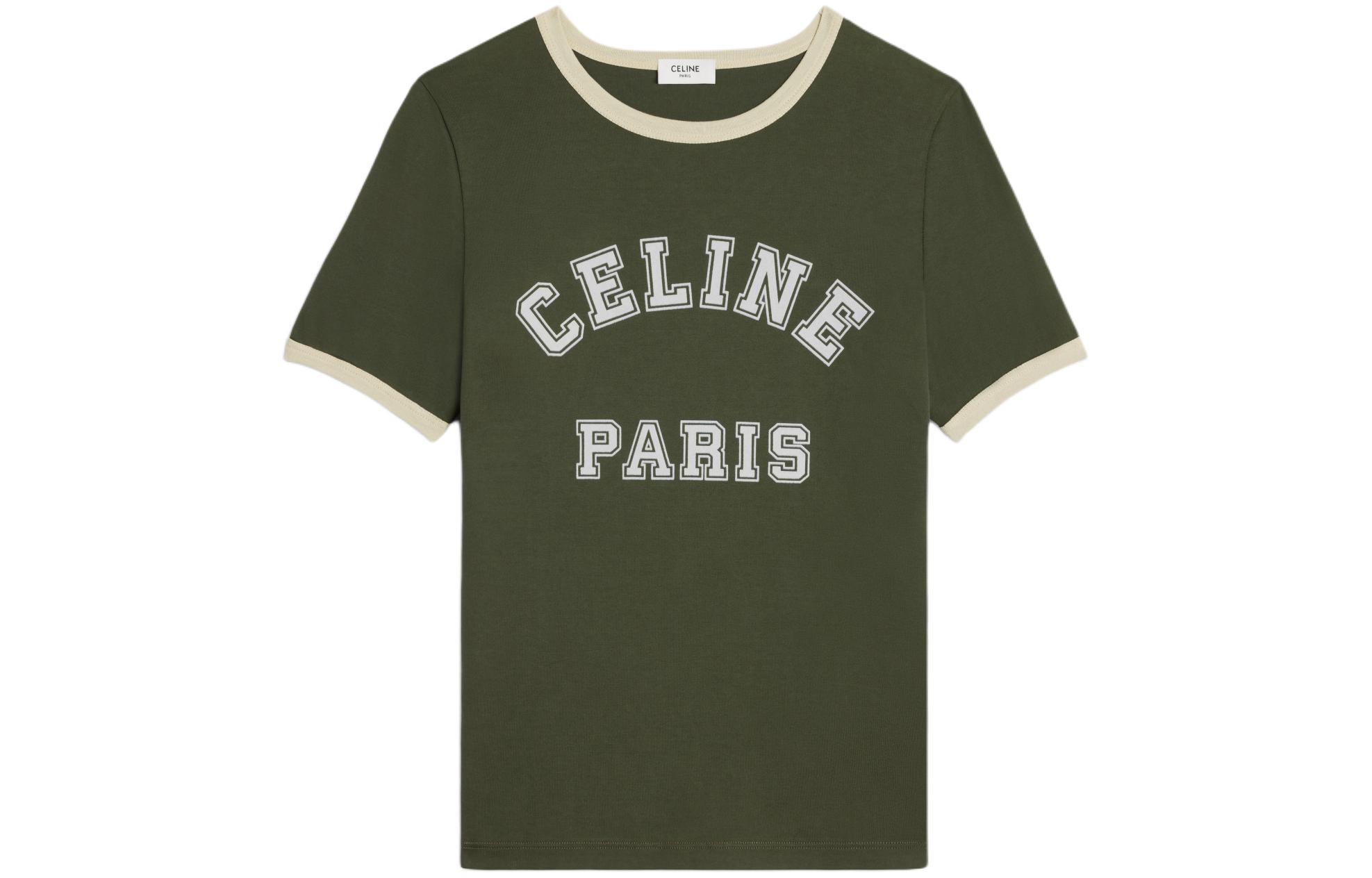 (Women) CELINE Logo Print Round Neck T-Shirt SS24  Regular Fit Khaki Green. 2X61J671Q-02IA