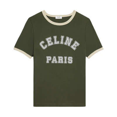 (Women) CELINE Logo Print Round Neck T-Shirt SS24 Regular Fit Khaki Green. 2X61J671Q-02IA