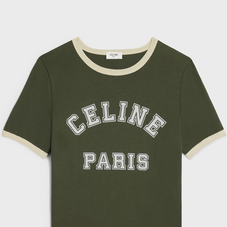 Details for (W) CELINE Logo Cetak Baju-T Leher Bulat SS24 Regular Fit Hijau Khaki. 2X61J671Q-02IA
