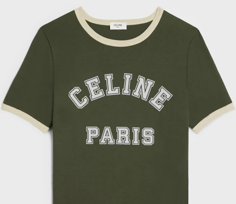 (W) CELINE Logo Cetak Baju-T Leher Bulat SS24 Regular Fit Hijau Khaki. 2X61J671Q-02IA Details for (W) CELINE Logo Cetak Baju-T Leher Bulat SS24 Regular Fit Hijau Khaki. 2X61J671Q-02IA
