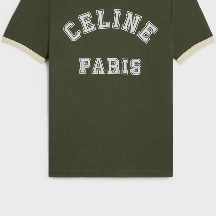 Sizing (W) CELINE Logo Cetak Baju-T Leher Bulat SS24 Regular Fit Hijau Khaki. 2X61J671Q-02IA