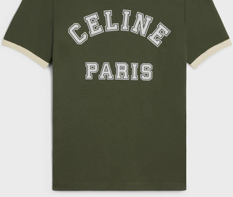 (W) CELINE Logo Cetak Baju-T Leher Bulat SS24 Regular Fit Hijau Khaki. 2X61J671Q-02IA Sizing (W) CELINE Logo Cetak Baju-T Leher Bulat SS24 Regular Fit Hijau Khaki. 2X61J671Q-02IA