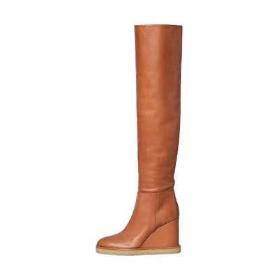 (W) CELINE Manon Calfskin 'Brown Wedge Tall Boot'