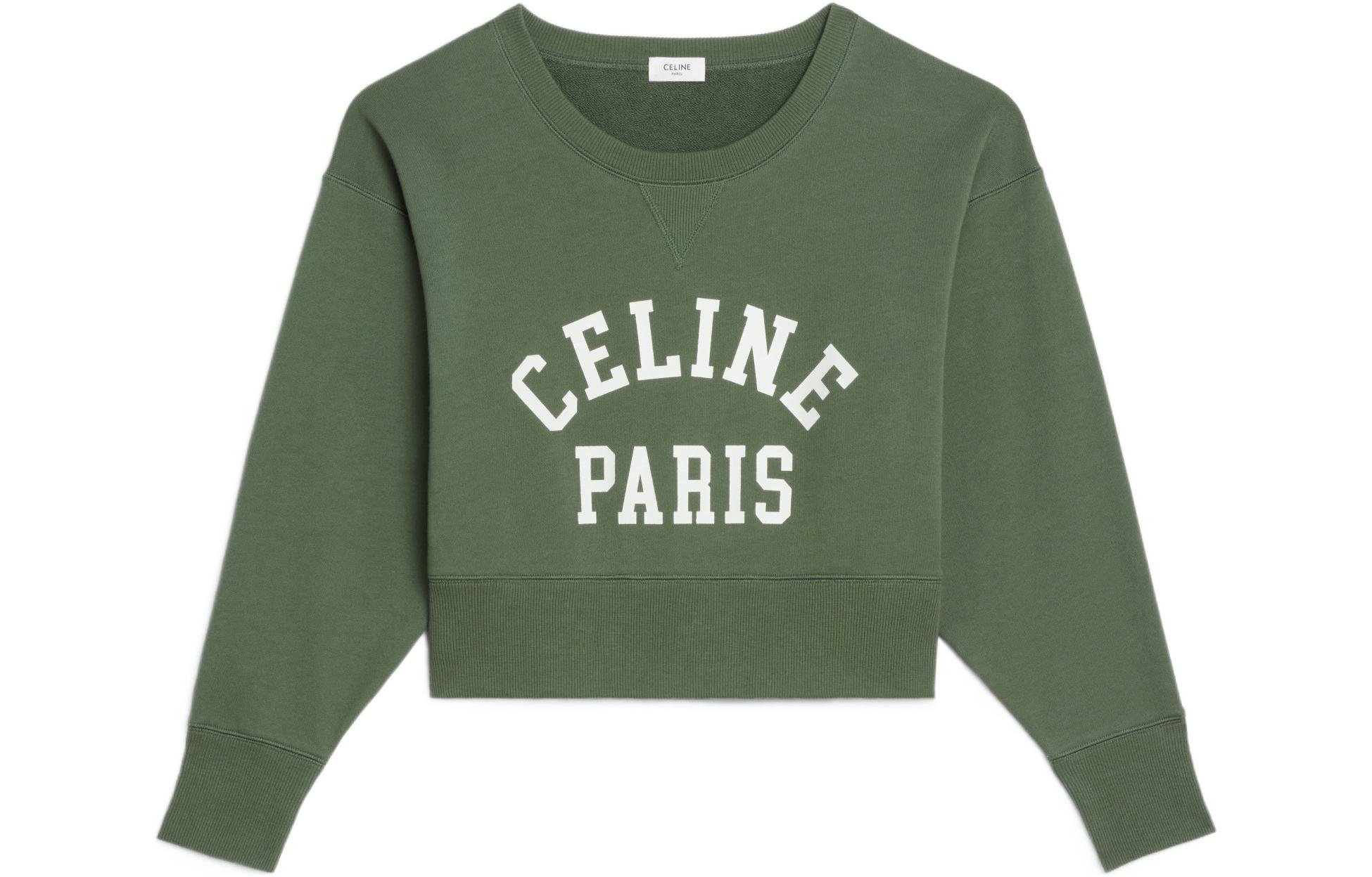 (Women) CELINE Paris SS22  Logo Print Cropped Sweatshirt Olive Green. 2Y703670Q-31OW