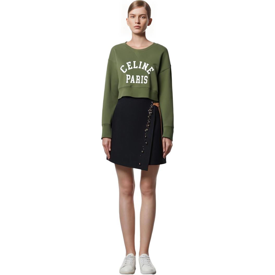 Purchase (W) Sudadera Recortada CELINE Paris SS22 Logo Impreso Verde Oliva. 2Y703670Q-31OW