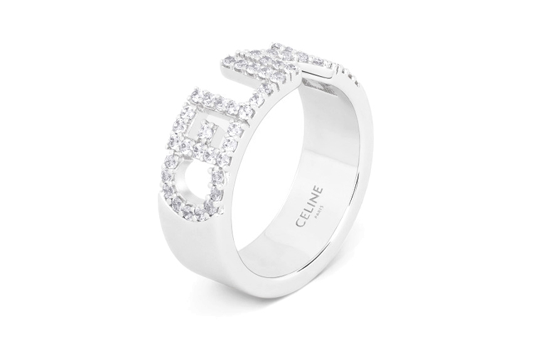 (Women) CELINE Silver Crystal Rhinestone Brass Letter Inlay Hollow Ring for Women. 460YT6BCZ.36SI