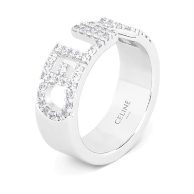 (Women) CELINE Silver Crystal Rhinestone Brass Letter Inlay Hollow Ring for Women. 460YT6BCZ.36SI