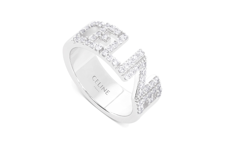 Purchase (W) CELINE 銀色水晶鑲嵌字母鏤空黃銅戒指 女款 460YT6BCZ.36SI