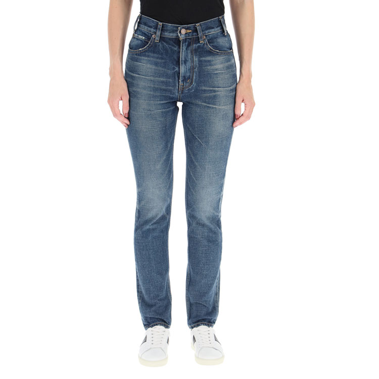 Lookbook (Women) CELINE Slim Fit Washed Denim Button Pocket Jeans - Blue. 2N206365M-07DU