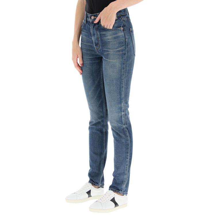 Purchase (Women) CELINE Slim Fit Washed Denim Button Pocket Jeans - Blue. 2N206365M-07DU