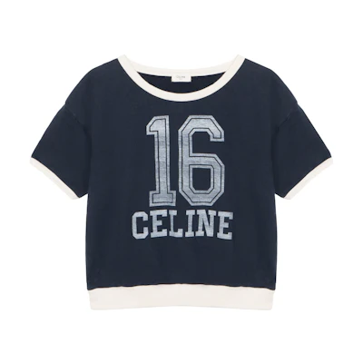 (Women) CELINE SS21 Navy Blue Oversized T-Shirt with 16-Letter Logo Print for Women. 2Y424450I-07OW