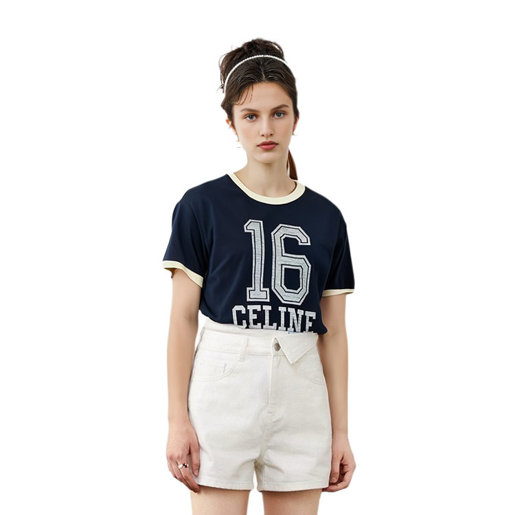 Shop (W) CELINE SS21 女士海军蓝16字母Logo印花宽松T恤. 2Y424450I-07OW