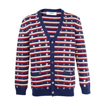 (Women) CELINE SS21 Star Pattern Wool Knit Cardigan Striped Sweater. 2A18K731M-29BR