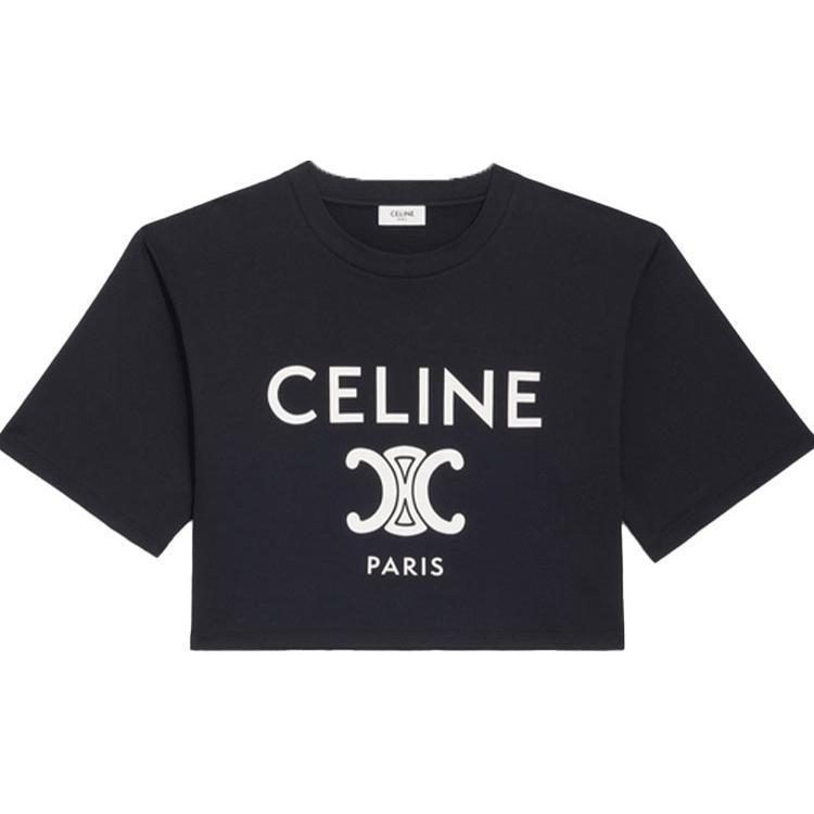 (Women) CELINE SS22  Black Cropped T-shirt with Logo Print and Round Neck. 2X871501F-38AW
